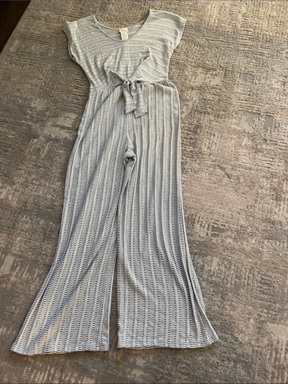 Caution To The Wind Striped Knit Tie-Waist Wide-Leg Jumpsuit in Light Gray